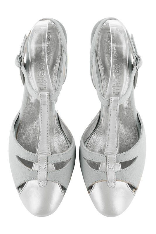 Light silver and pearl grey women's open back T-strap shoes. Round toe. High kitten heels. Top view - Florence KOOIJMAN